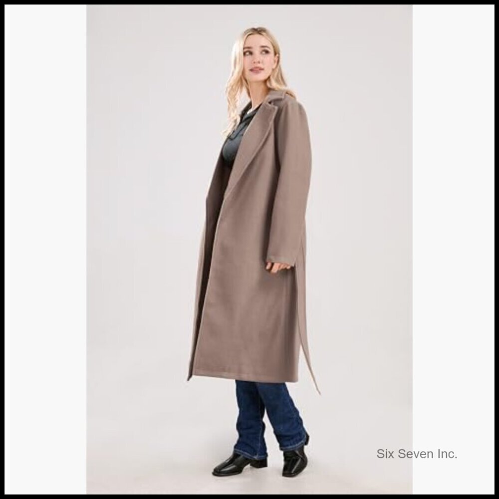 Long Wool Pea Coat with Notched Collar and Belt, Woolen Blend Trench - Picture 6 of 7